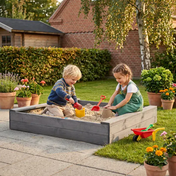 Sandkasse 120 × 120 cm med sand, sandkassenett og lekesett – grå