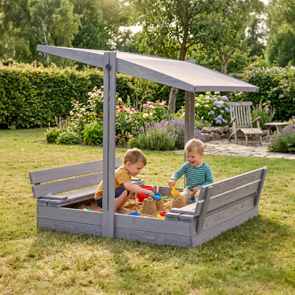 Sandkasse med benker og justerbart tak – 120 × 120 cm
