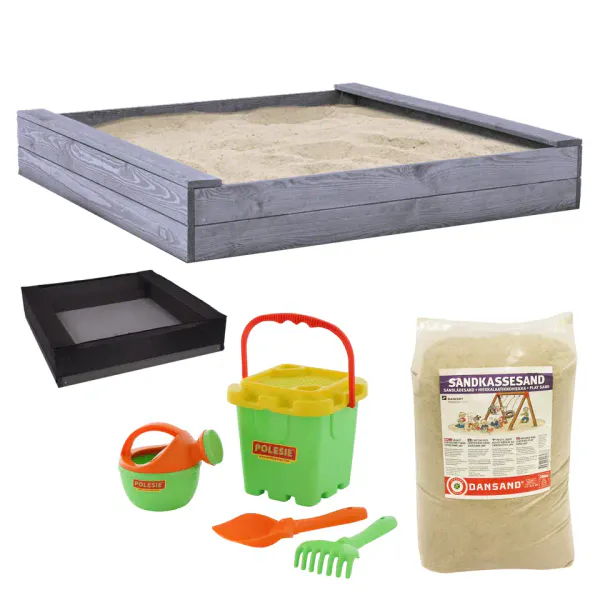 Sandkasse 120 × 120 cm med sand, sandkassenett og lekesett – grå